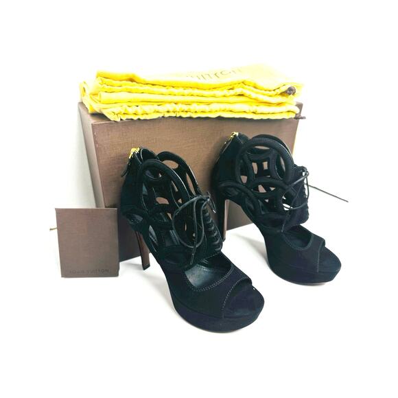 Louis Vuitton Black Suede Monogram Cut-Out Platform Sandals 120mm Heel Size 38 - Picture 2 of 14